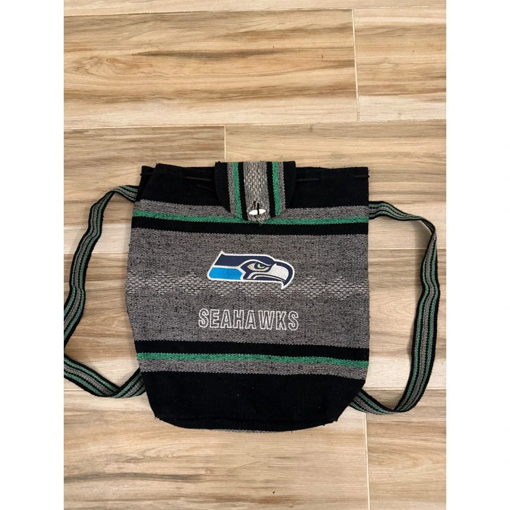 Seattle Seahawks Woven Baja‎ Backpack Striped Drawstring Bag NFL Fan Gear Black